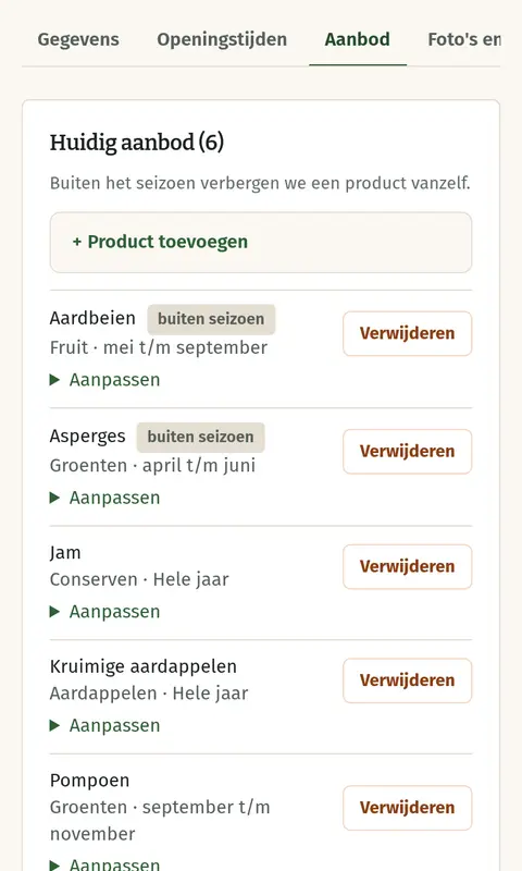 De lijst met producten in het aanbod, met per product de maanden waarin het er is.