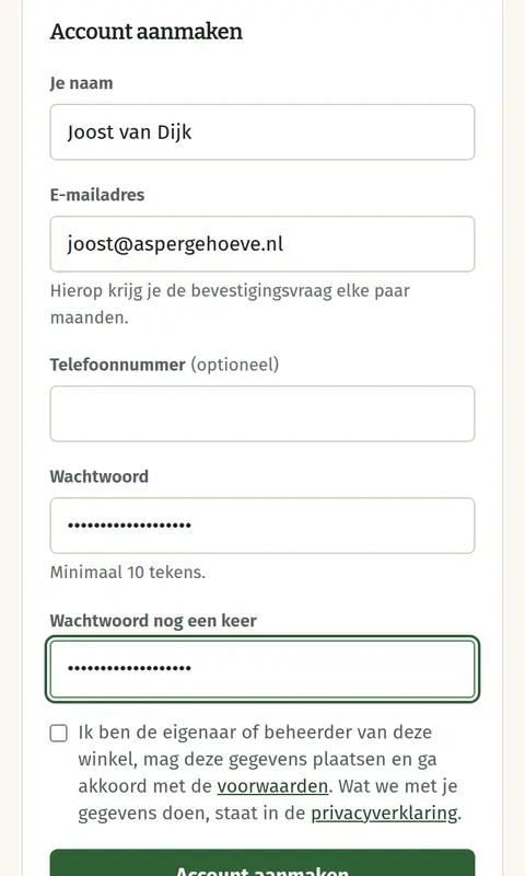 Het formulier om een account te maken, met velden voor je naam, e-mailadres en wachtwoord.