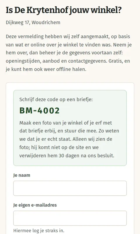 De pagina om een winkel over te nemen, met de keuze tussen een link per mail, een code per sms of een foto als bewijs.