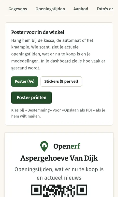 Een poster om te printen met de naam van de winkel en een grote QR-code.
