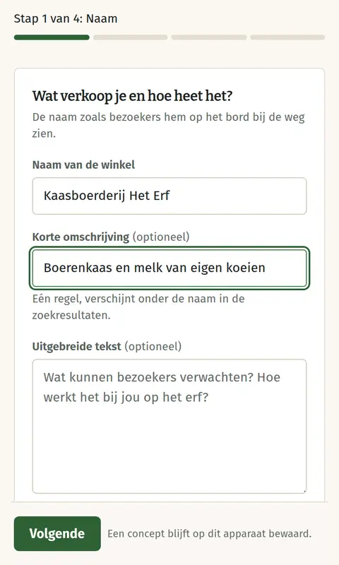 Stap 1 van 4 van het formulier voor een nieuwe winkel: de naam en een korte omschrijving.